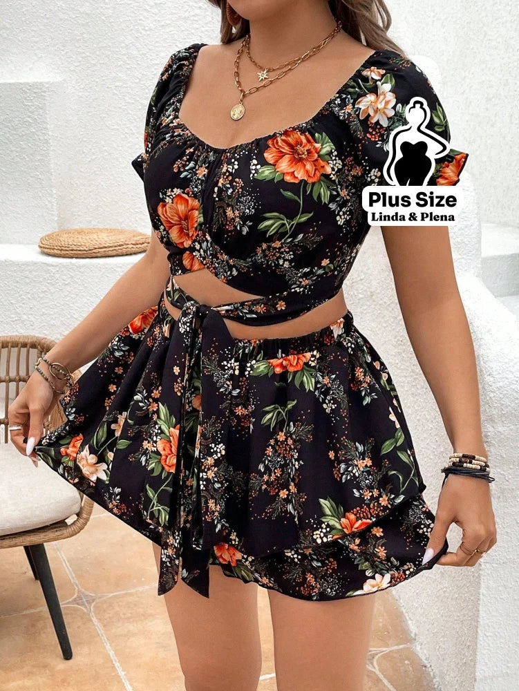 Conjunto Cropped Decote V Manga Curta Saia Camadas Plus Size Conjunto Cropped Decote V Manga Curta Saia Camadas Plus