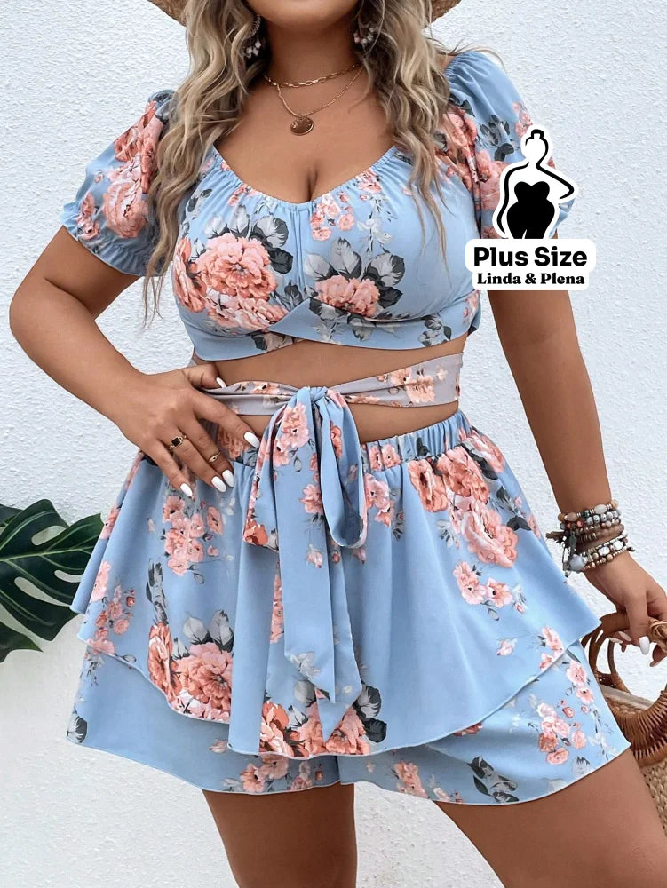 Conjunto Cropped Decote V Manga Curta Saia Camadas Plus Size Conjunto Cropped Decote V Manga Curta Saia Camadas Plus
