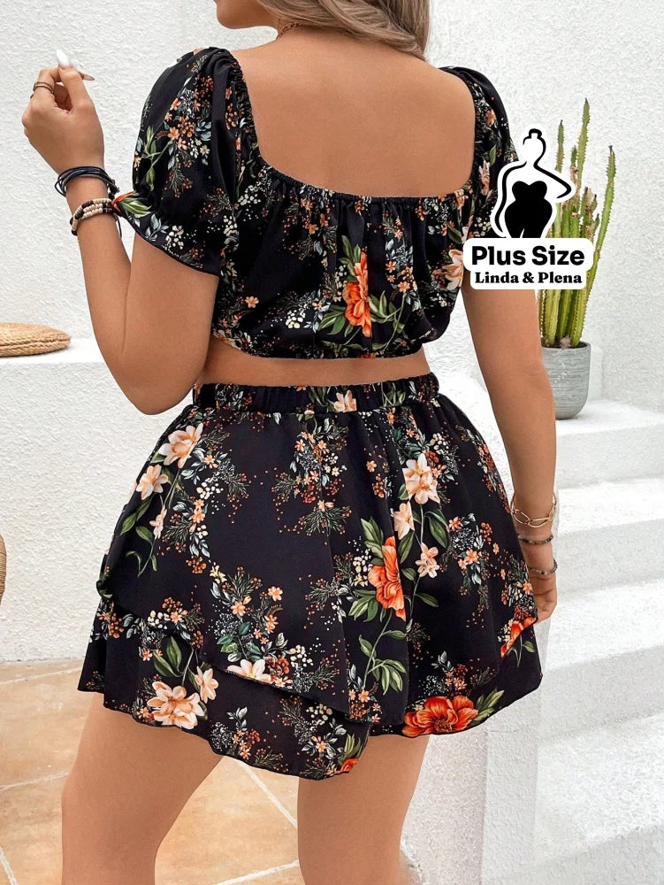 Conjunto Cropped Decote V Manga Curta Saia Camadas Plus Size Conjunto Cropped Decote V Manga Curta Saia Camadas Plus