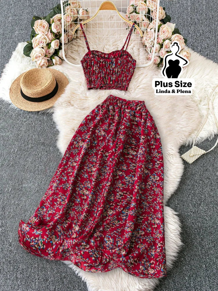 Conjunto Cropped Lastex Alça Fina Saia Longa Cós Alto Plus Size Conjunto Cropped Lastex Alça Fina Saia Longa Cós Alto