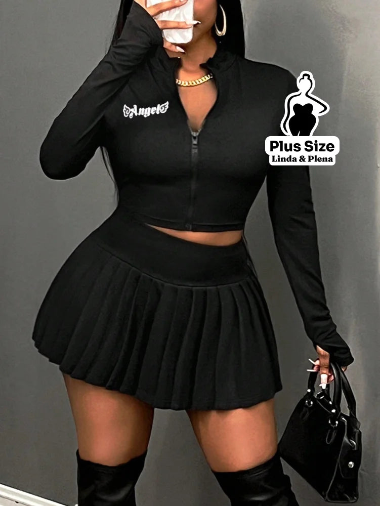 Conjunto Cropped Manga Longa Com Saia Plissada Plus Size Conjunto Cropped Manga Longa Com Saia Plissada Plus Size