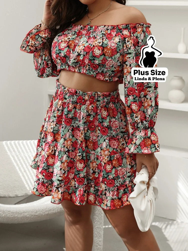 Conjunto Cropped Ombro Manga Longa Saia Rodada Plus Size Conjunto Cropped Ombro Manga Longa Saia Rodada Plus Size