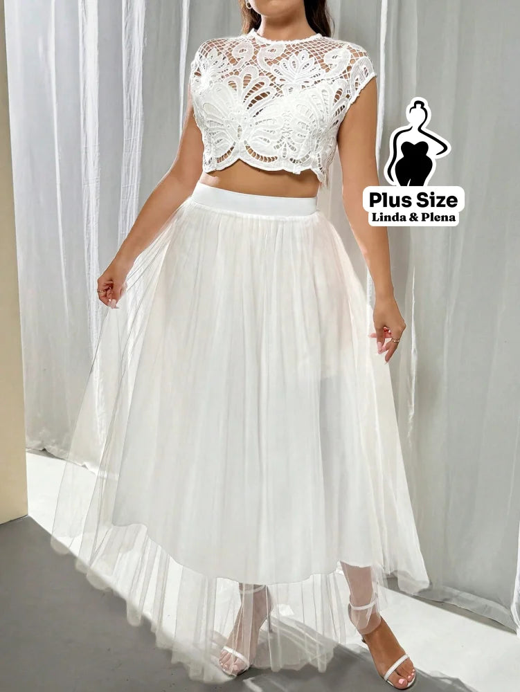 Conjunto Cropped Renda Floral Com Saia De Tule Plus Size Conjunto Cropped Renda Floral Com Saia De Tule Plus Size