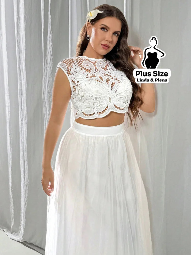 Conjunto Cropped Renda Floral Com Saia De Tule Plus Size Conjunto Cropped Renda Floral Com Saia De Tule Plus Size