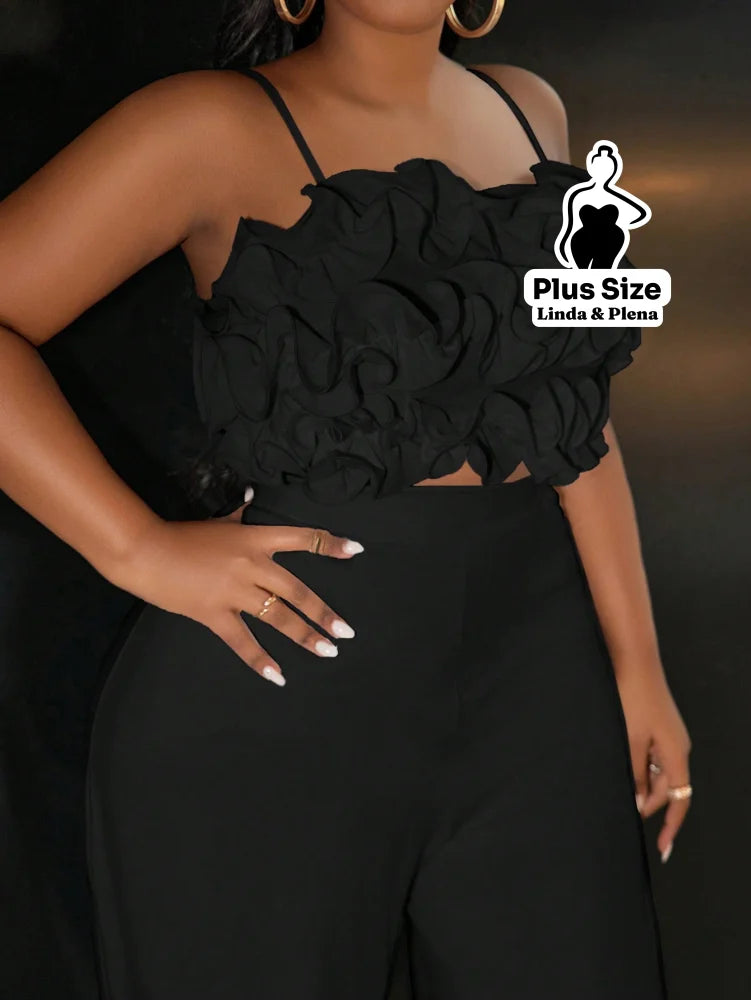 Conjunto Cropped Texturizado Com Calça Pantalona Plus Size Conjunto Cropped Texturizado Com Calça Pantalona Plus Size