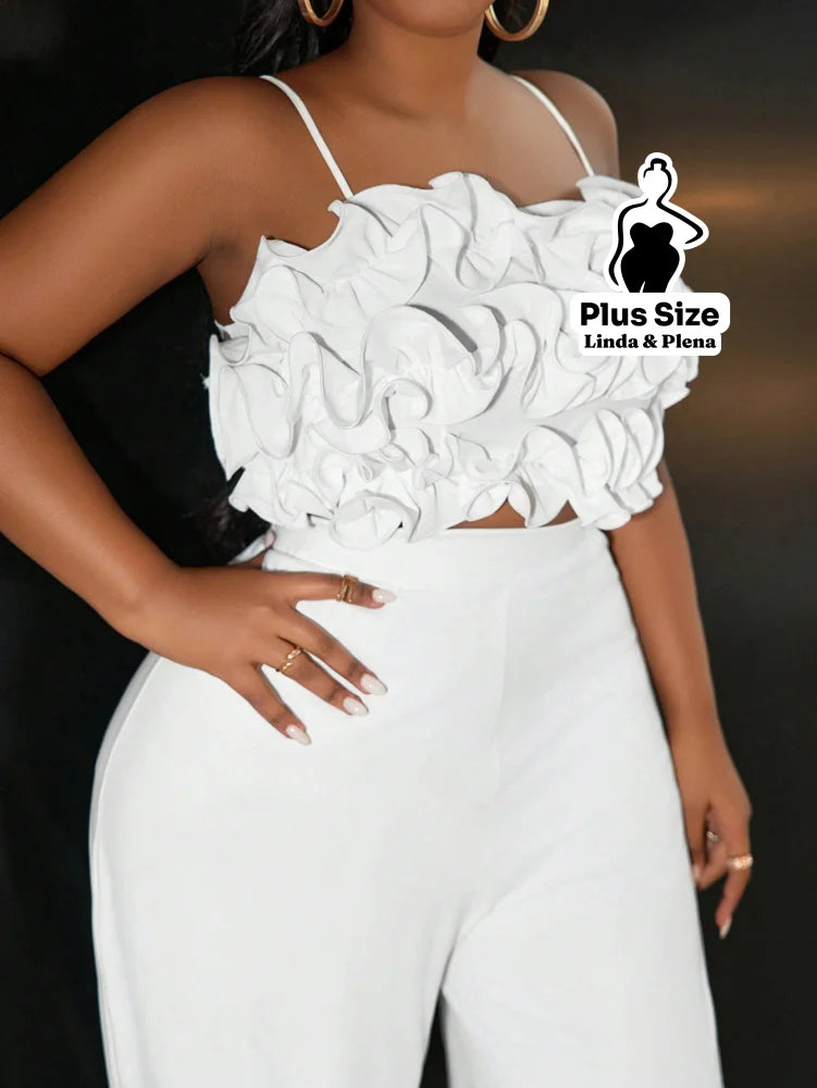 Conjunto Cropped Texturizado Com Calça Pantalona Plus Size Conjunto Cropped Texturizado Com Calça Pantalona Plus Size