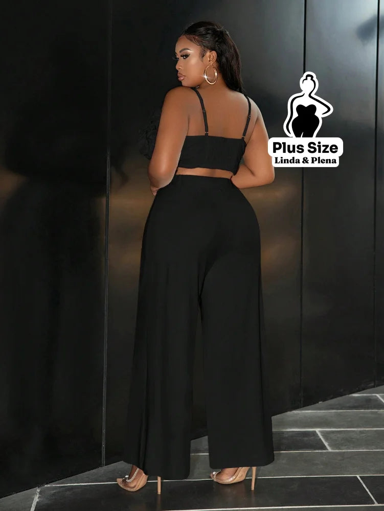 Conjunto Cropped Texturizado Com Calça Pantalona Plus Size Conjunto Cropped Texturizado Com Calça Pantalona Plus Size