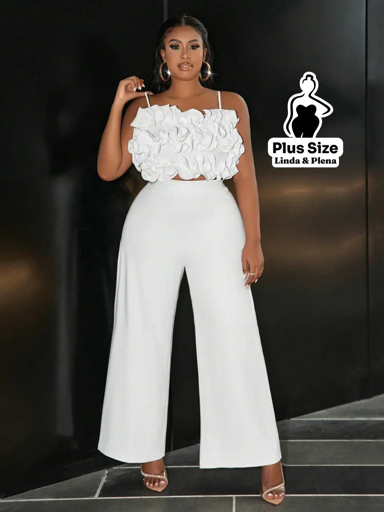 Conjunto Cropped Texturizado Com Calça Pantalona Plus Size Branco / G Conjunto Cropped Texturizado Com Calça Pantalona