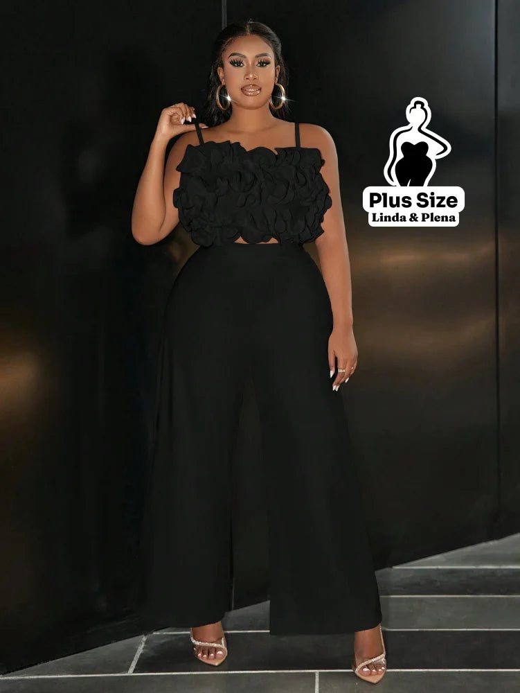 Conjunto Cropped Texturizado Com Calça Pantalona Plus Size Preto / G Conjunto Cropped Texturizado Com Calça Pantalona