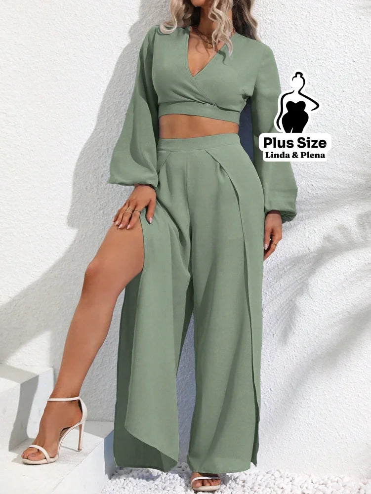 Conjunto Cropped Transpassado Com Calça Fenda Lateral Plus Size G Conjunto Cropped Transpassado Com Calça Fenda Lateral