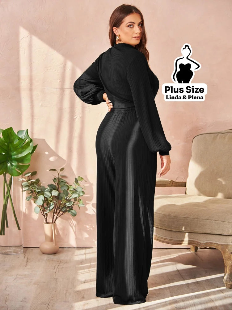 Conjunto Cropped Transpassado E Calça De Amarração Plus Size Conjunto Cropped Transpassado E Calça De Amarração Plus