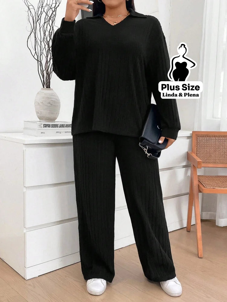 Conjunto De Inverno Canelado Com Blusa Larga Plus Size Conjunto De Inverno Canelado Com Blusa Larga Plus Size