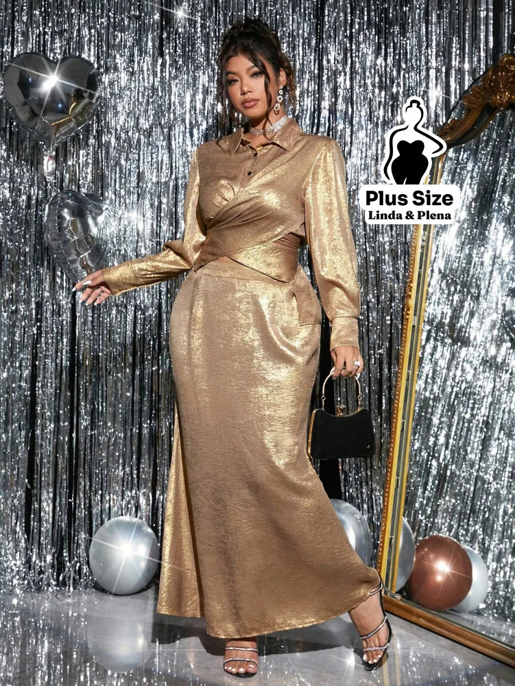 Conjunto Dourado Brilhante Com Camisa E Saia Longa Plus Size Conjunto Dourado Brilhante Com Camisa E Saia Longa Plus