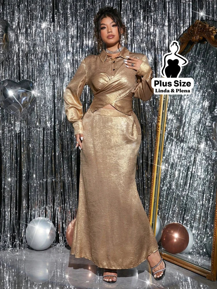 Conjunto Dourado Brilhante Com Camisa E Saia Longa Plus Size Conjunto Dourado Brilhante Com Camisa E Saia Longa Plus