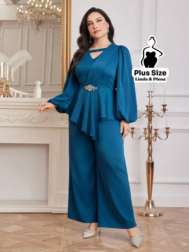 Conjunto Elegante Com Babado Cintura Marcada E Calça Plus Size Conjunto Elegante Com Babado Cintura Marcada E Calça
