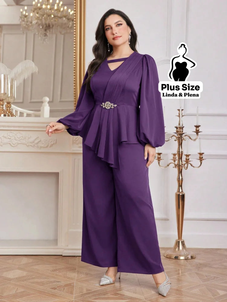 Conjunto Elegante Com Babado Cintura Marcada E Calça Plus Size Conjunto Elegante Com Babado Cintura Marcada E Calça