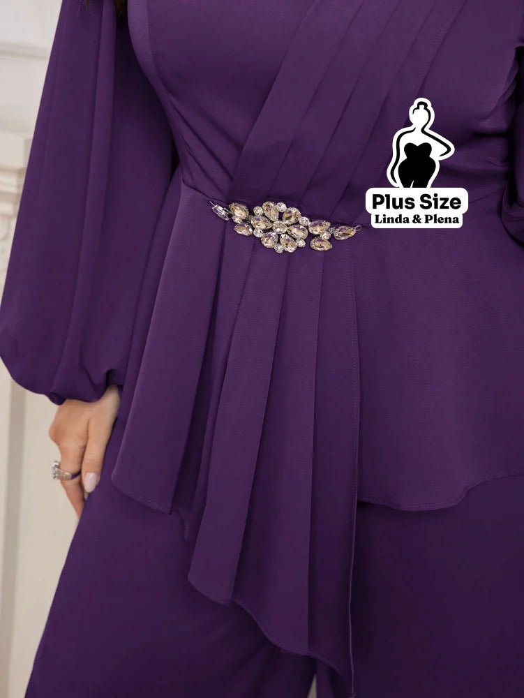 Conjunto Elegante Com Babado Cintura Marcada E Calça Plus Size Conjunto Elegante Com Babado Cintura Marcada E Calça