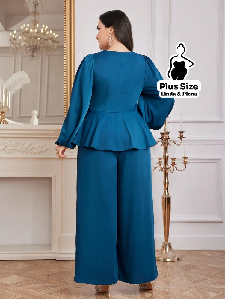Conjunto Elegante Com Babado Cintura Marcada E Calça Plus Size Conjunto Elegante Com Babado Cintura Marcada E Calça