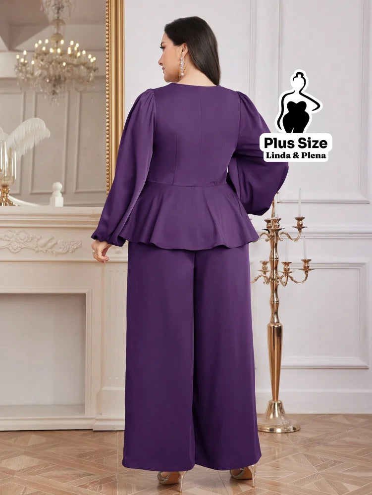 Conjunto Elegante Com Babado Cintura Marcada E Calça Plus Size Conjunto Elegante Com Babado Cintura Marcada E Calça