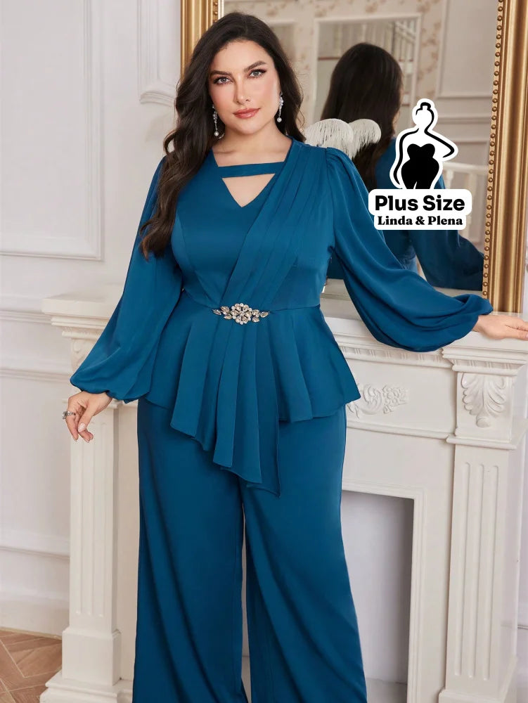Conjunto Elegante Com Babado Cintura Marcada E Calça Plus Size Azul Marinho / G Conjunto Elegante Com Babado Cintura