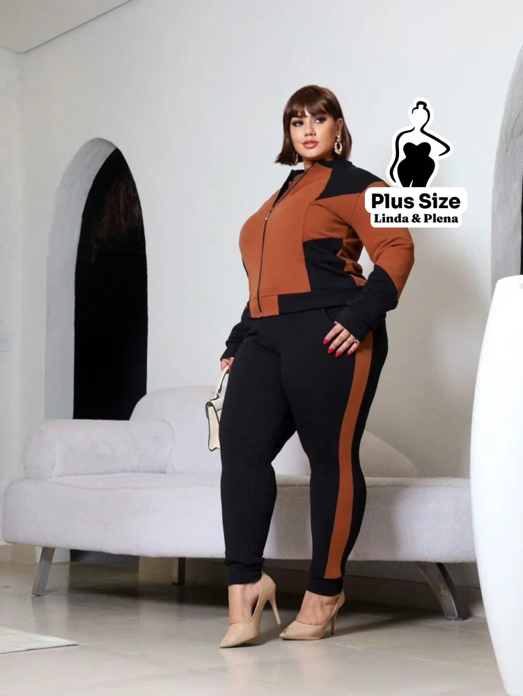 Conjunto Esportivo Bicolor com Jaqueta e Calça Plus Size Marrom / G Conjunto Esportivo Bicolor com Jaqueta e Calça Plus
