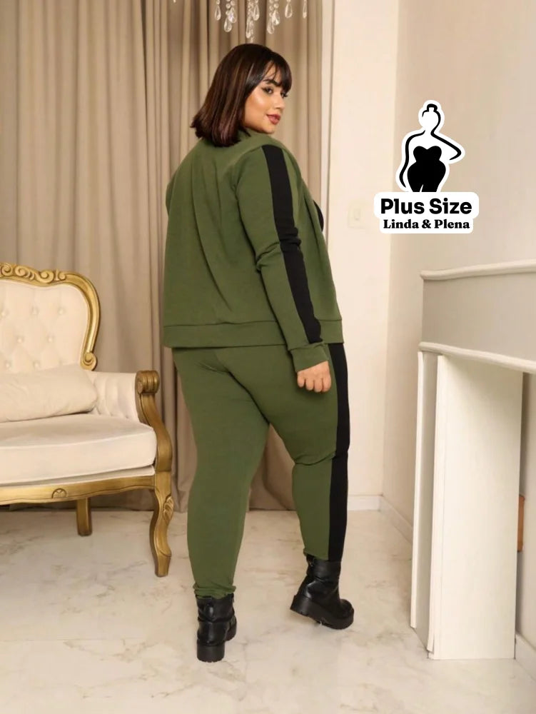 Conjunto Esportivo com Jaqueta Zíper e Faixa Lateral Plus Size Conjunto Esportivo com Jaqueta Zíper e Faixa Lateral
