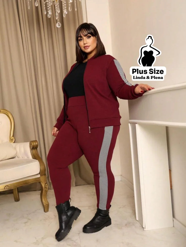 Conjunto Esportivo com Jaqueta Zíper e Faixa Lateral Plus Size Conjunto Esportivo com Jaqueta Zíper e Faixa Lateral
