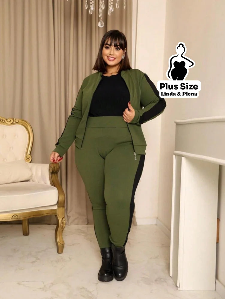 Conjunto Esportivo com Jaqueta Zíper e Faixa Lateral Plus Size Conjunto Esportivo com Jaqueta Zíper e Faixa Lateral