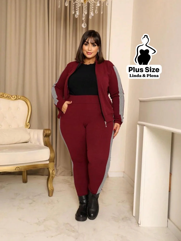 Conjunto Esportivo com Jaqueta Zíper e Faixa Lateral Plus Size Conjunto Esportivo com Jaqueta Zíper e Faixa Lateral
