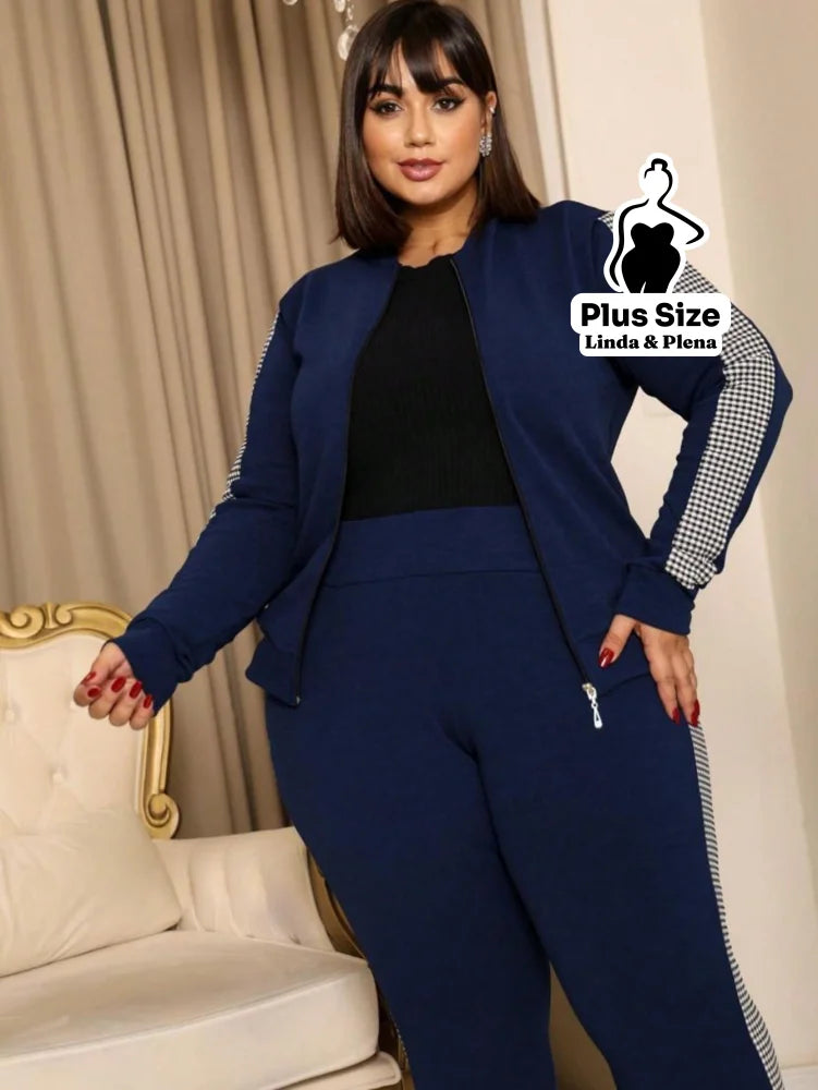 Conjunto Esportivo com Jaqueta Zíper e Faixa Lateral Plus Size Conjunto Esportivo com Jaqueta Zíper e Faixa Lateral