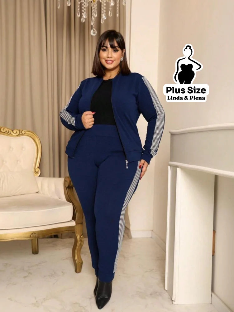 Conjunto Esportivo com Jaqueta Zíper e Faixa Lateral Plus Size Azul Marinho / G Conjunto Esportivo com Jaqueta Zíper e