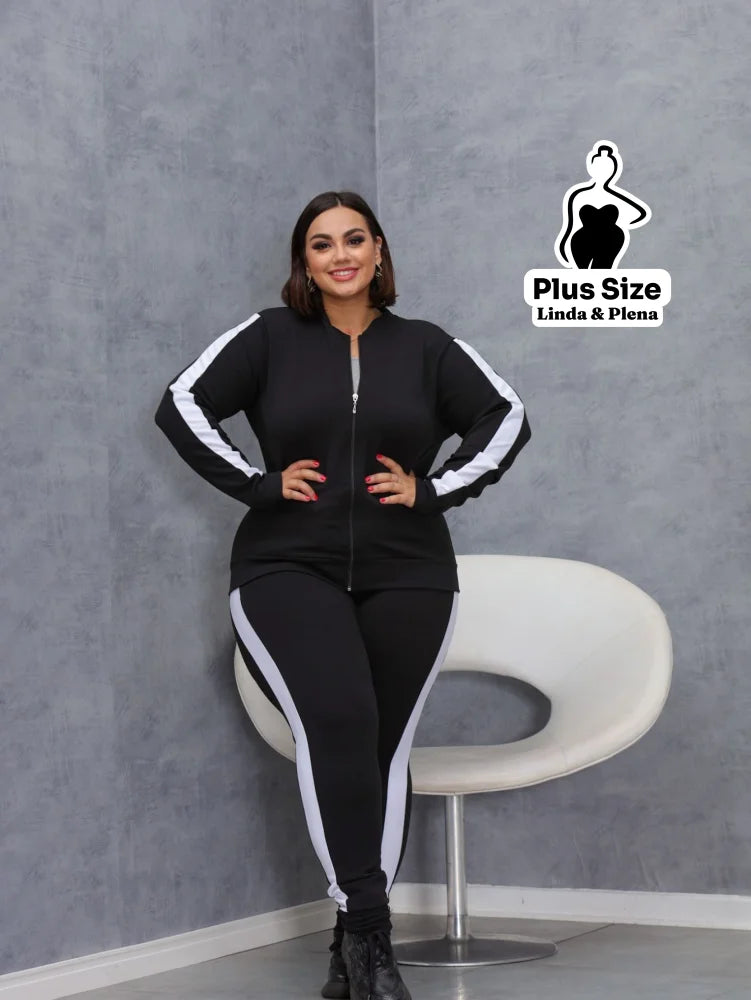 Conjunto Esportivo com Jaqueta Zíper e Faixa Lateral Plus Size Preto e Branco / G Conjunto Esportivo com Jaqueta Zíper
