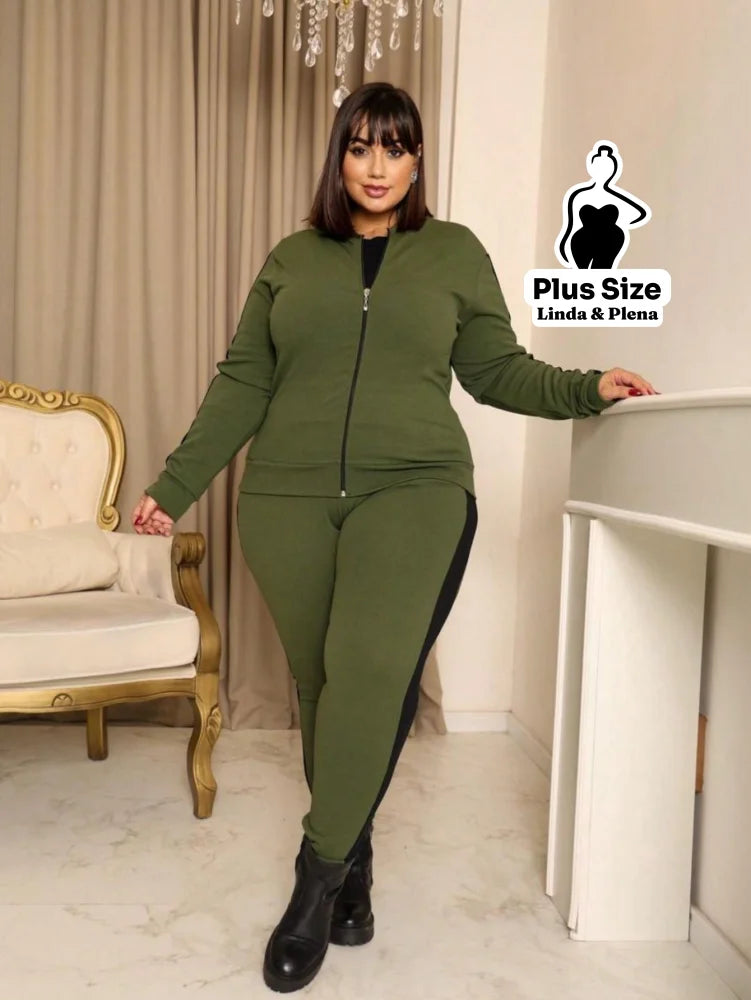 Conjunto Esportivo com Jaqueta Zíper e Faixa Lateral Plus Size Verde Militar / G Conjunto Esportivo com Jaqueta Zíper e