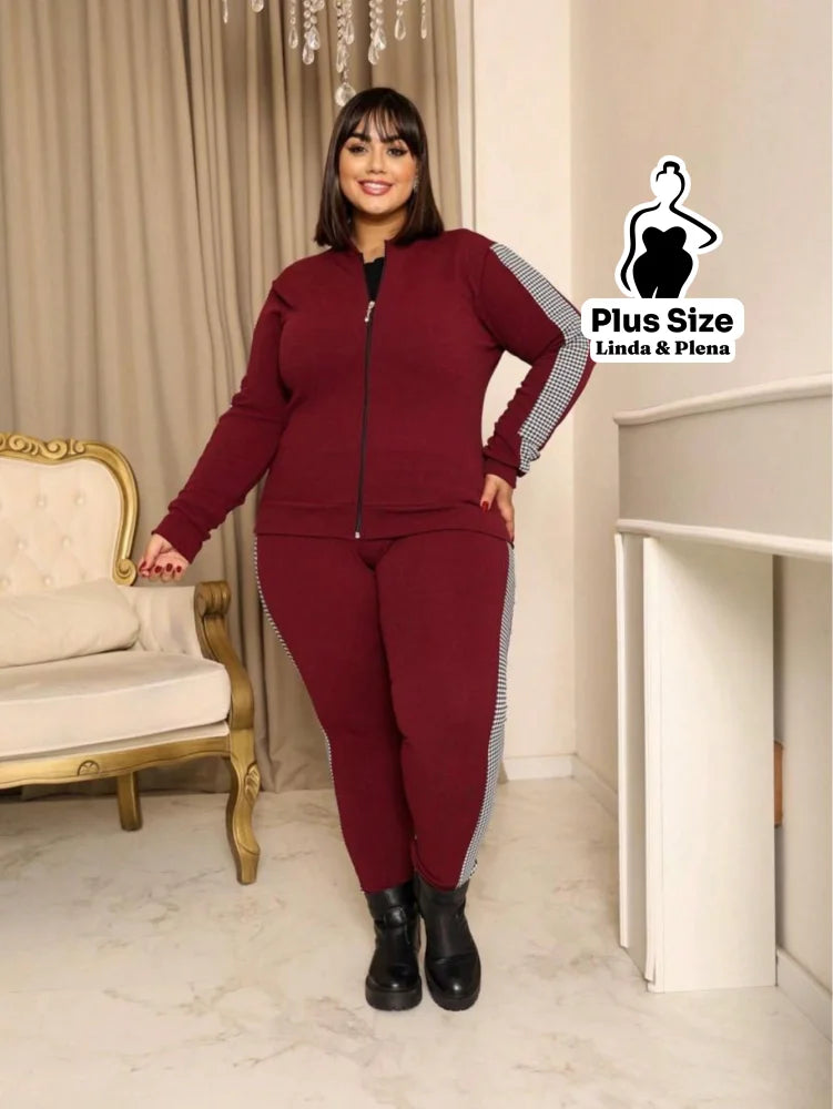 Conjunto Esportivo com Jaqueta Zíper e Faixa Lateral Plus Size Vinho / G Conjunto Esportivo com Jaqueta Zíper e Faixa