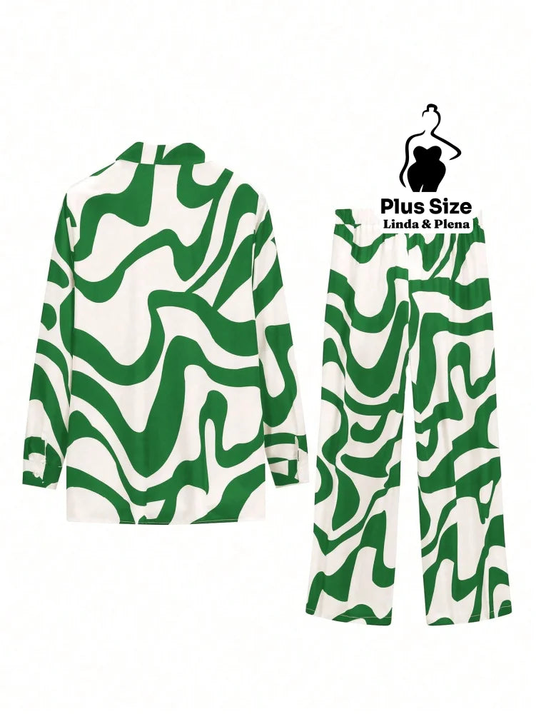 Conjunto Estampado com Camisa Aberta e Calça Solta Plus Size Conjunto Estampado com Camisa Aberta e Calça Solta Plus