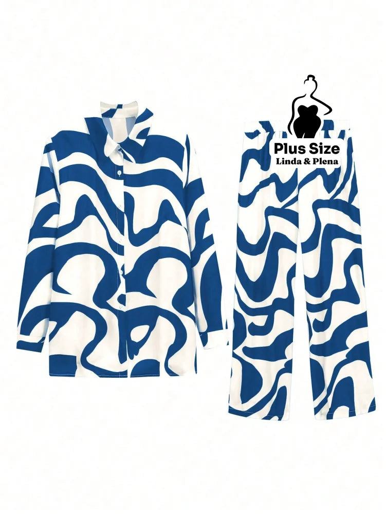 Conjunto Estampado com Camisa Aberta e Calça Solta Plus Size Conjunto Estampado com Camisa Aberta e Calça Solta Plus