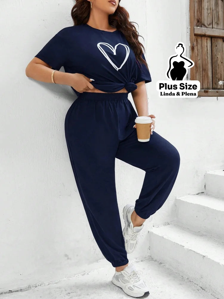 Conjunto Estampado Com Coração E Calça Jogger Plus Size Conjunto Estampado Com Coração E Calça Jogger Plus Size