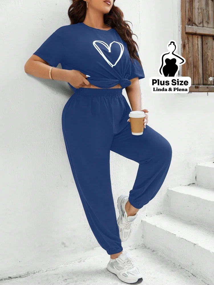 Conjunto Estampado Com Coração E Calça Jogger Plus Size Conjunto Estampado Com Coração E Calça Jogger Plus Size