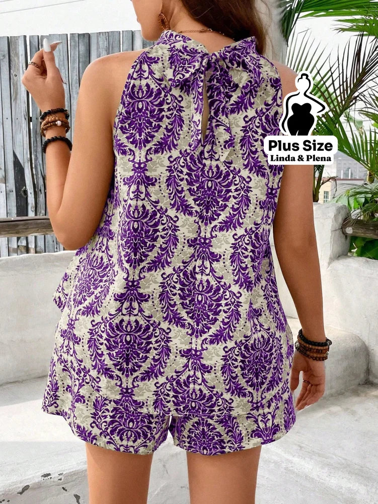 Conjunto Estampado com Regata Halter e Shorts Plus Size Conjunto Estampado com Regata Halter e Shorts Plus Size