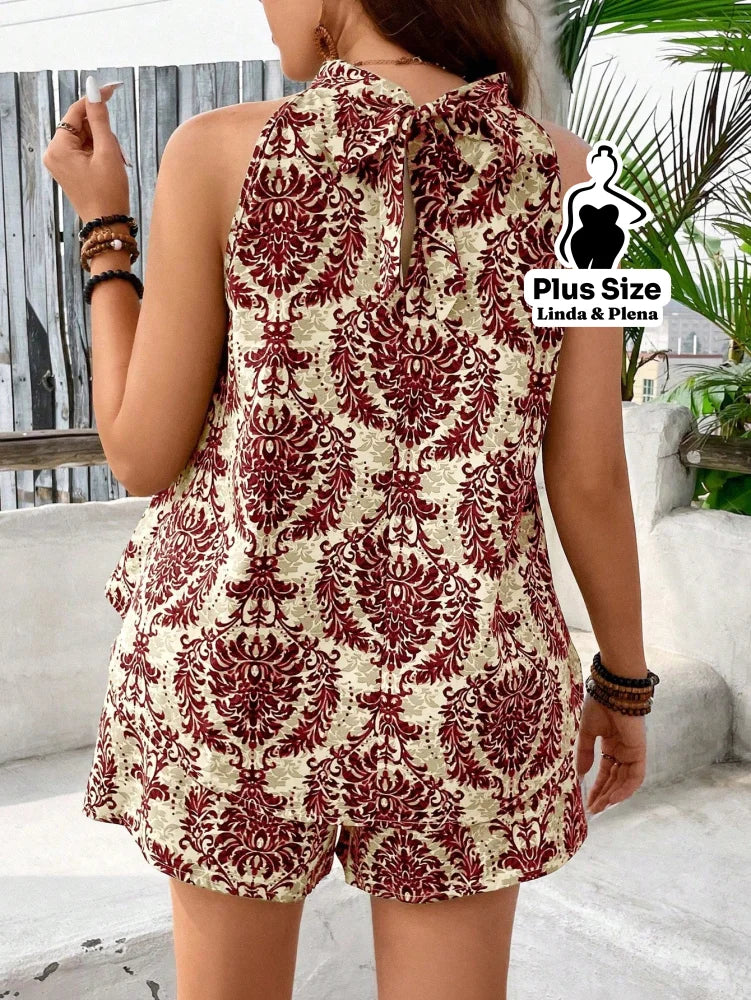 Conjunto Estampado com Regata Halter e Shorts Plus Size Conjunto Estampado com Regata Halter e Shorts Plus Size