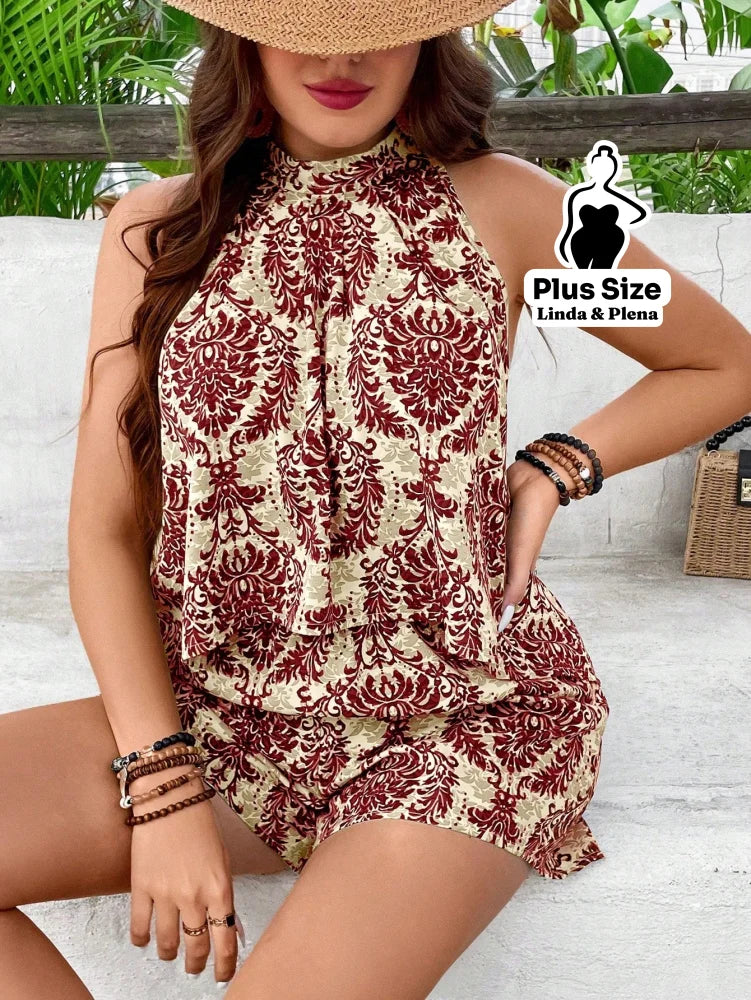 Conjunto Estampado com Regata Halter e Shorts Plus Size Conjunto Estampado com Regata Halter e Shorts Plus Size