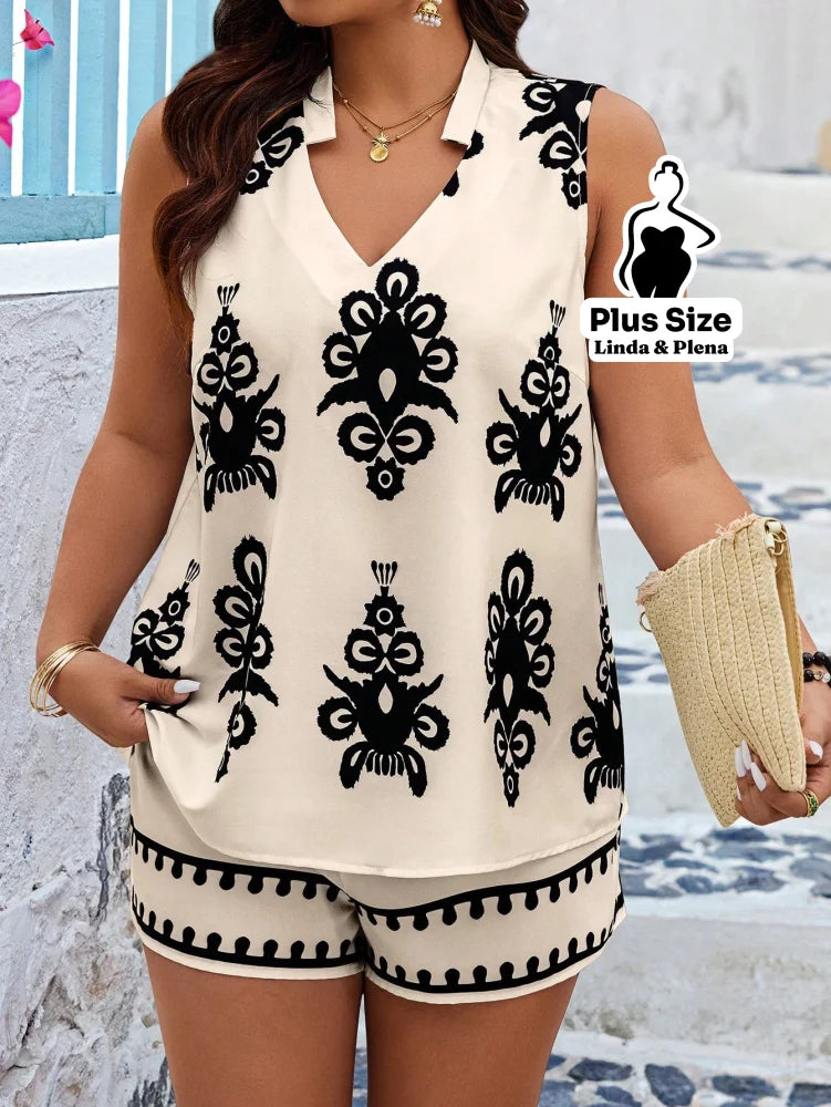 Conjunto Estampado Étnico com Regata e Shorts Plus Size Conjunto Estampado Étnico com Regata e Shorts Plus Size
