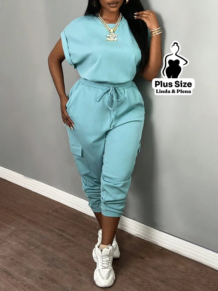 Conjunto Feminino com Top de Manga para Verão Plus Size Conjunto Feminino com Top de Manga para Verão Plus Size