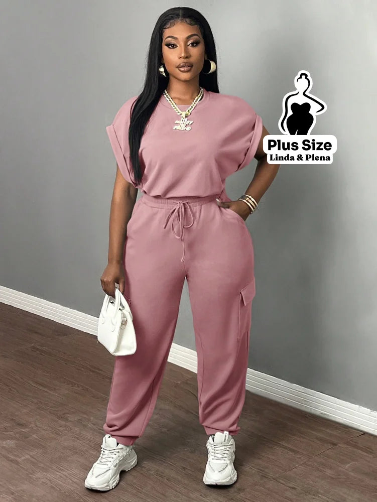 Conjunto Feminino com Top de Manga para Verão Plus Size Conjunto Feminino com Top de Manga para Verão Plus Size