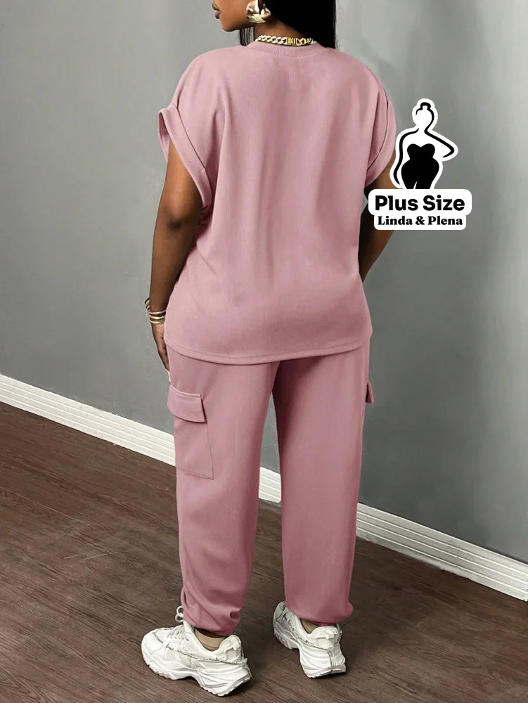 Conjunto Feminino com Top de Manga para Verão Plus Size Conjunto Feminino com Top de Manga para Verão Plus Size