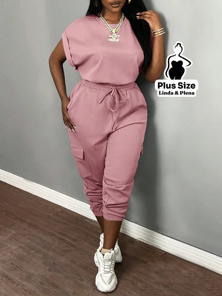 Conjunto Feminino com Top de Manga para Verão Plus Size Conjunto Feminino com Top de Manga para Verão Plus Size
