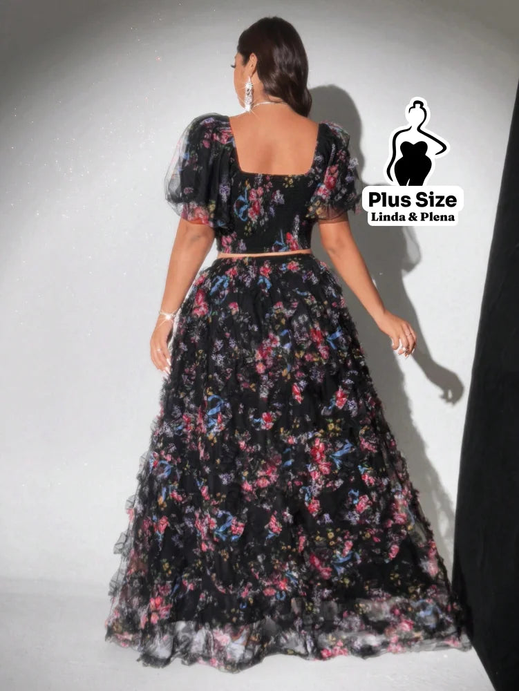 Conjunto Floral Bufante Com Cropped E Saia Longa Plus Size Conjunto Floral Bufante Com Cropped E Saia Longa Plus Size