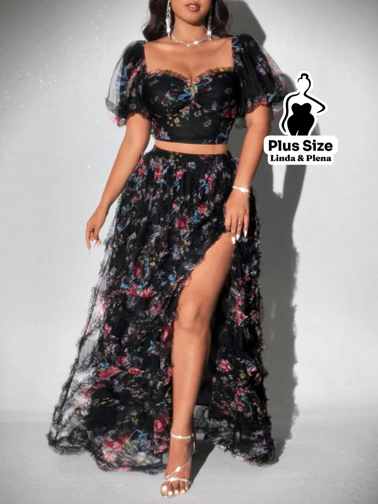 Conjunto Floral Bufante Com Cropped E Saia Longa Plus Size Conjunto Floral Bufante Com Cropped E Saia Longa Plus Size