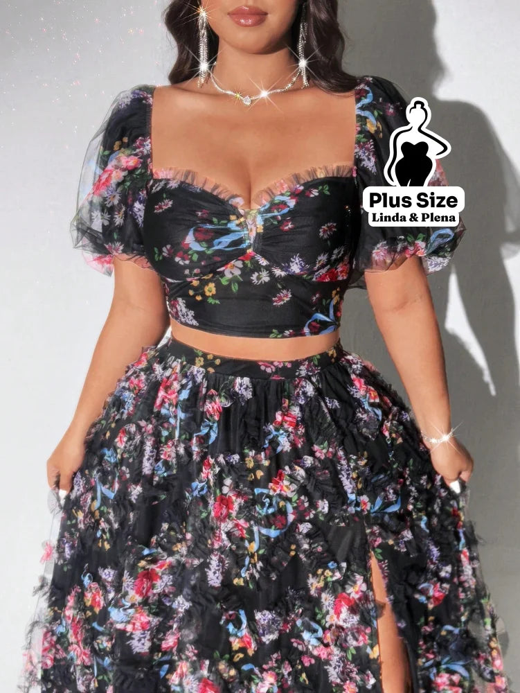 Conjunto Floral Bufante Com Cropped E Saia Longa Plus Size Conjunto Floral Bufante Com Cropped E Saia Longa Plus Size