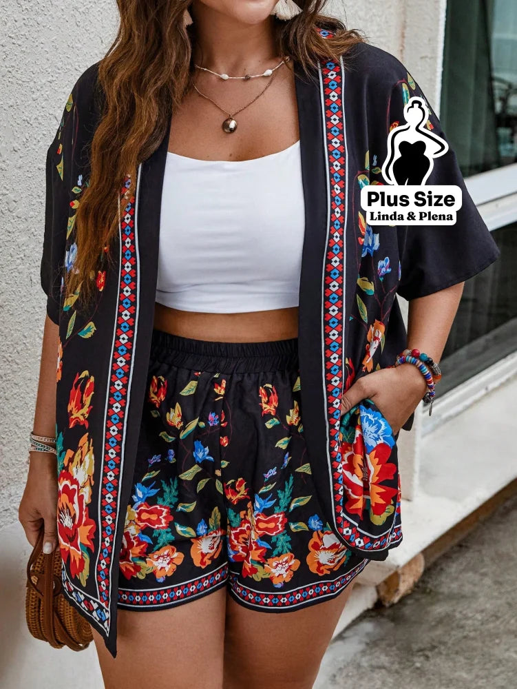 Conjunto Floral com Kimono e Shorts Conforto Plus Size Conjunto Floral com Kimono e Shorts Conforto Plus Size